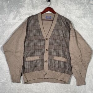 Vintage Pendleton Sweater Mens Large Beige Wool V Neck Cardigan USA Pockets